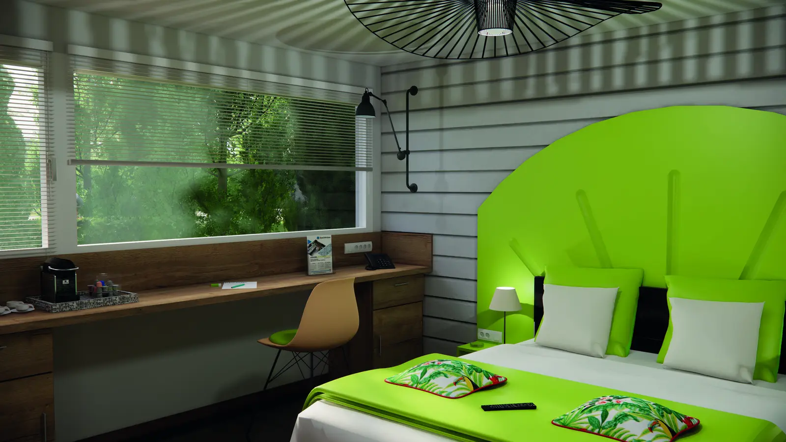 Image de synthèse d’une chambre avec tête de lit verte et bureau en bois