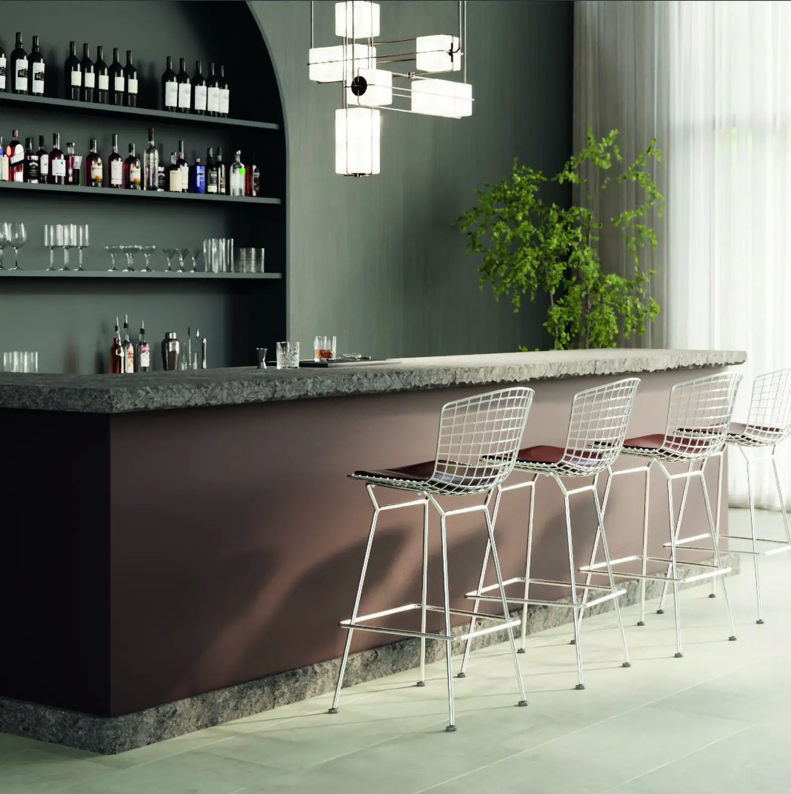 Bar avec tabourets et fa&ccedil;ade en d&eacute;cor acajou