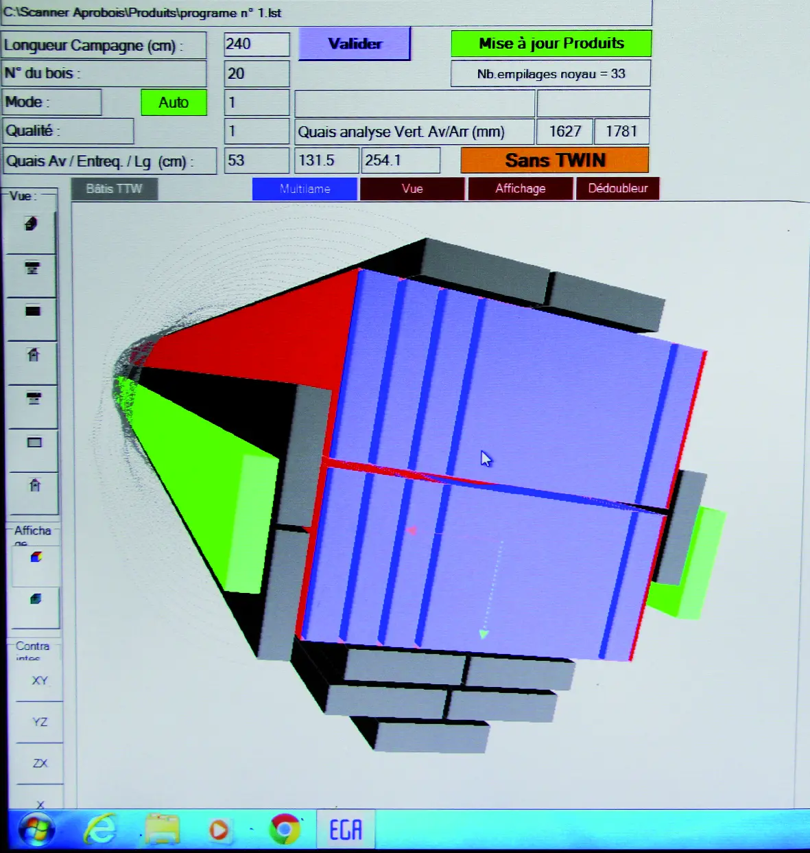 &Eacute;cran d&rsquo;optimisation 3D de la grume avant sciage