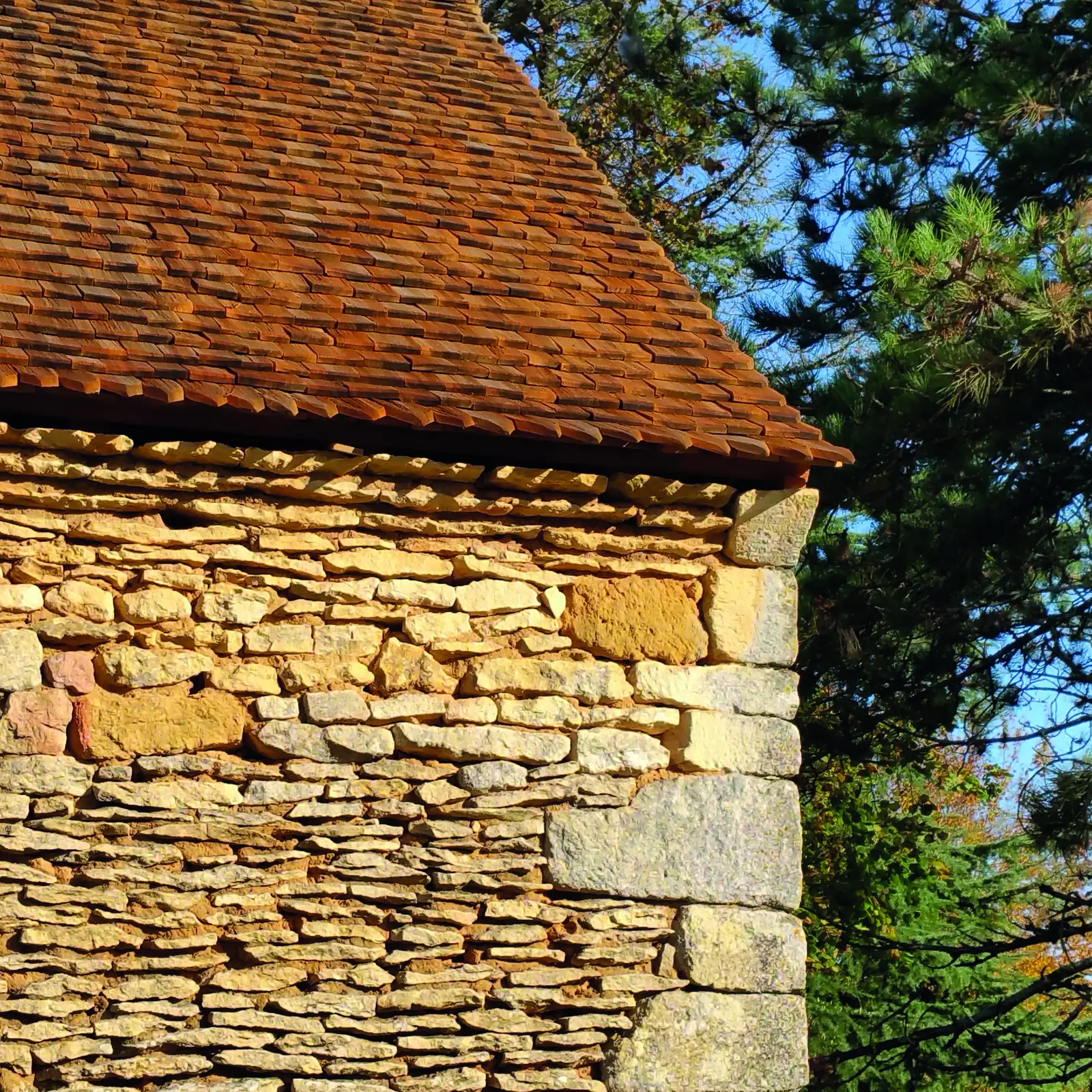 Toiture en bardeaux de châtaignier aux teintes rougeâtres au-dessus d’un mur en pierre