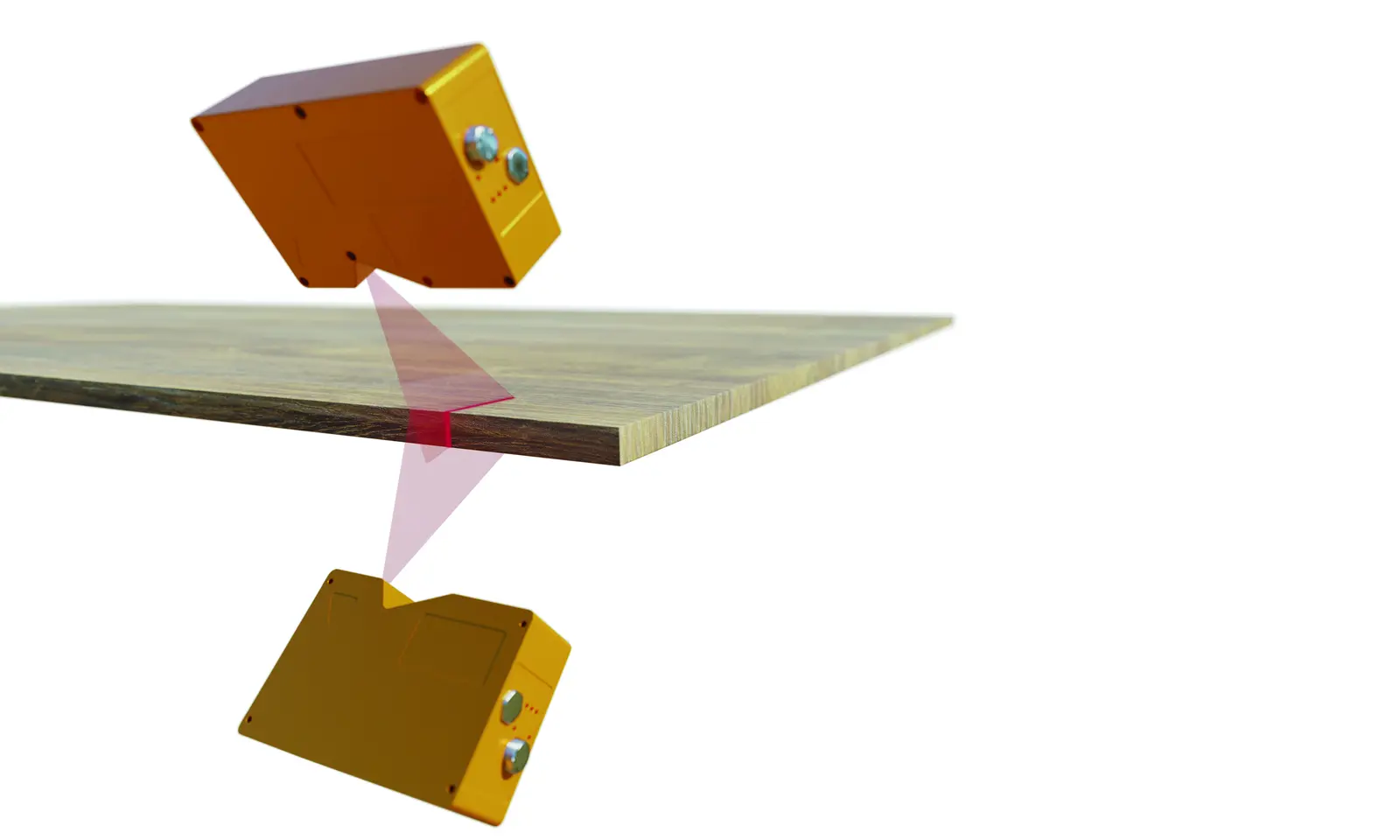 Schéma du principe de mesure EDGEINSPECT : deux capteurs laser placés de part et d’autre du chant d’un panneau
