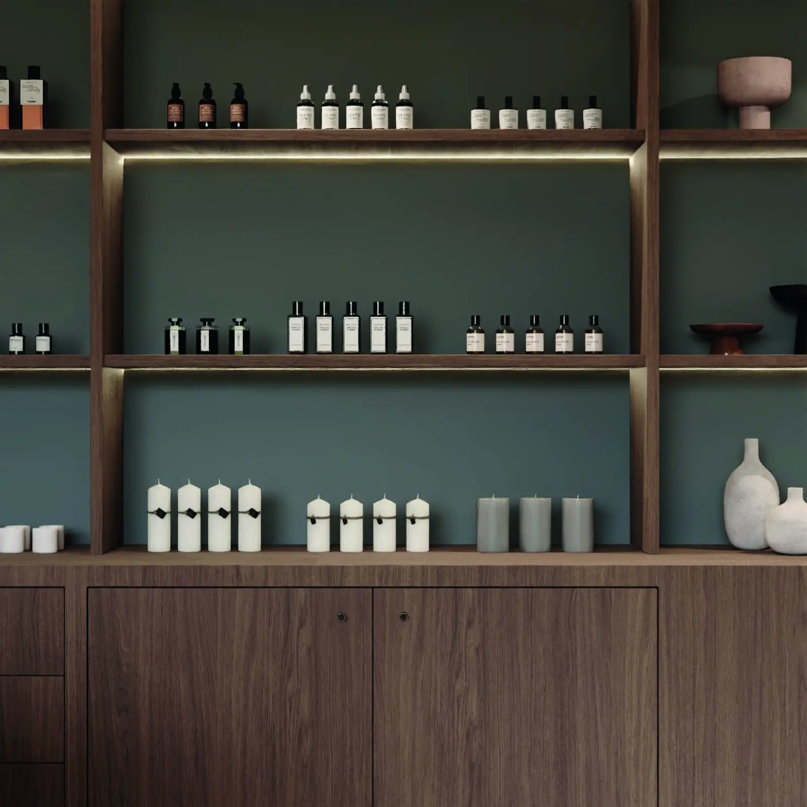 &Eacute;tag&egrave;res et meubles bas en d&eacute;cor bois sombre