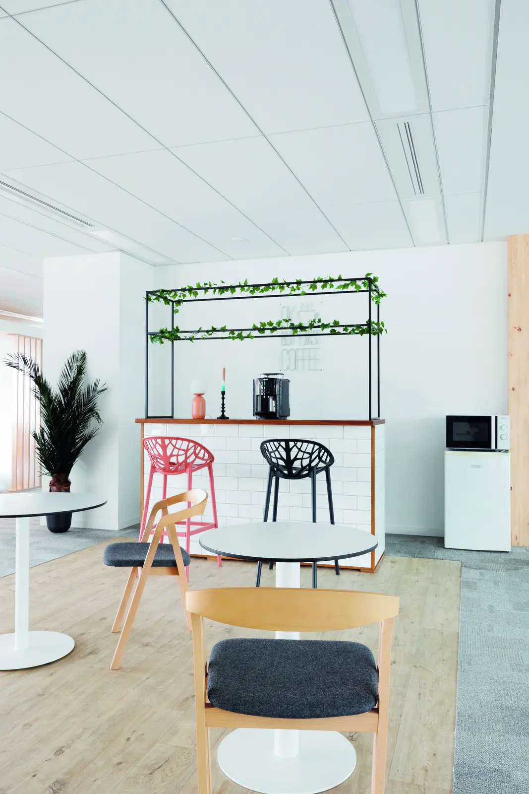 Espace caf&eacute; avec chaises rouges et plantes