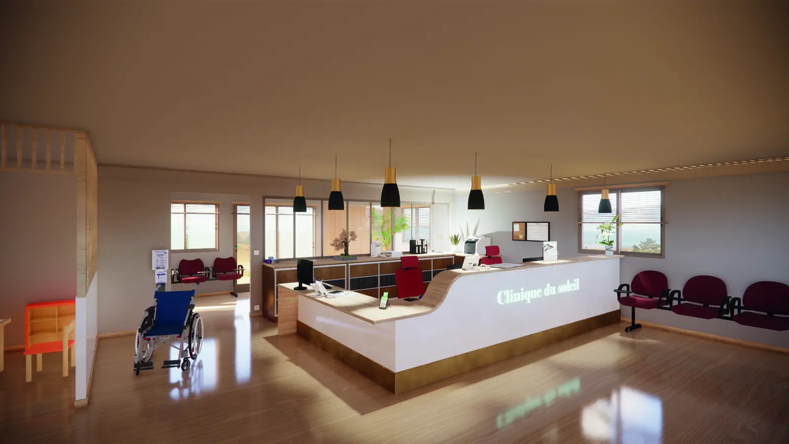 Image de synthèse d’un hall avec banque d’accueil courbe
